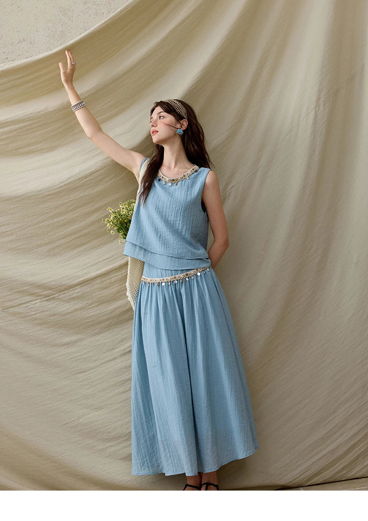 Mishow Sheel Ribbon Round Neck Top & High Waist Skirt Set MXE32T0556