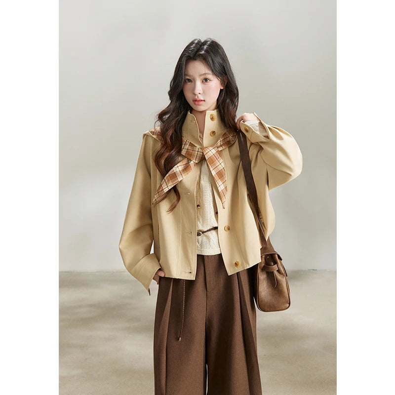 MISHOW Khaki Cropped Trench Coat Lapel Stand Collar MXF108W1003