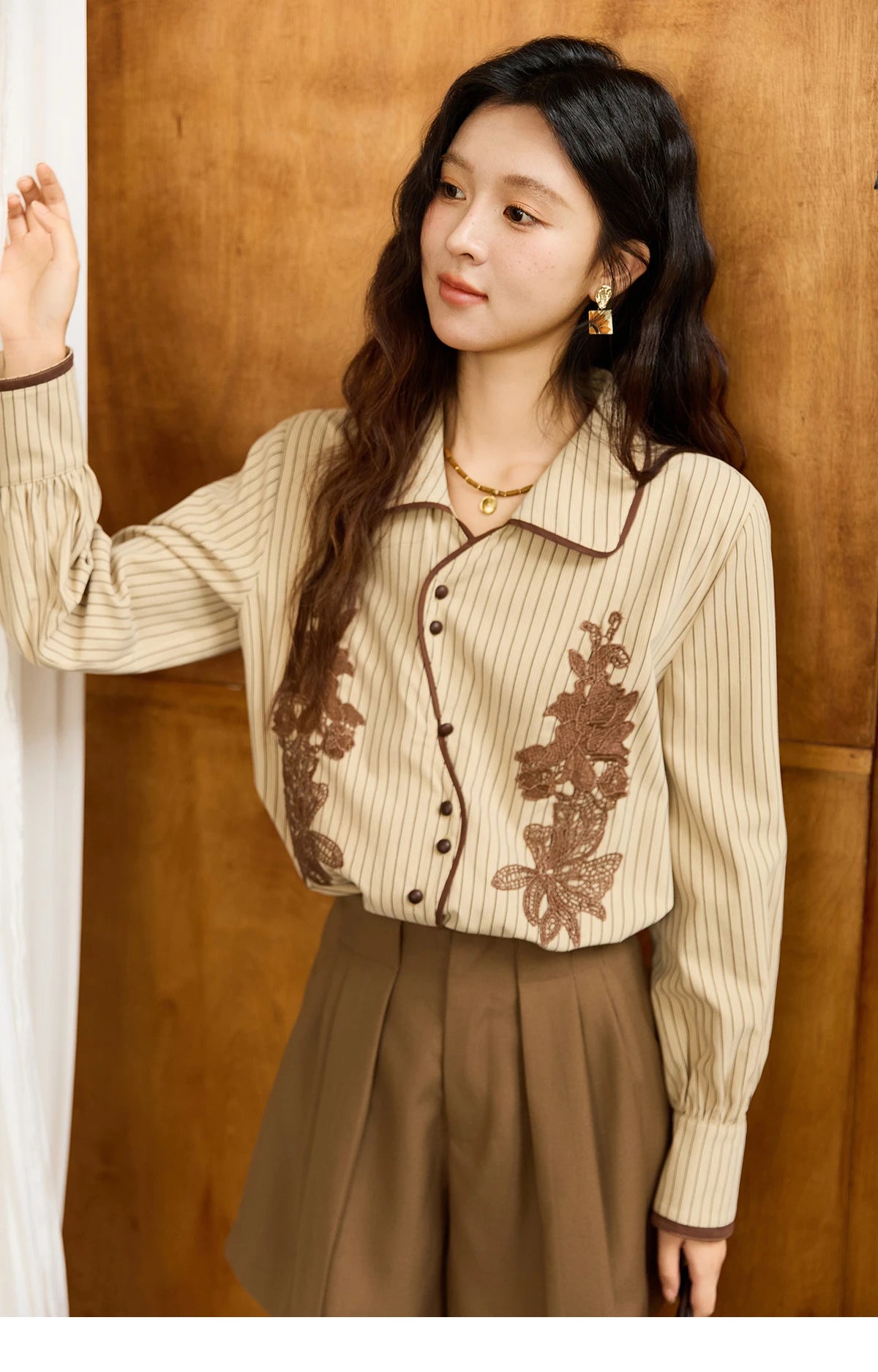 MISHOW Khaki Brushed Striped Shirt Lace Embroidered Asymmetric Placket MXE45C2402