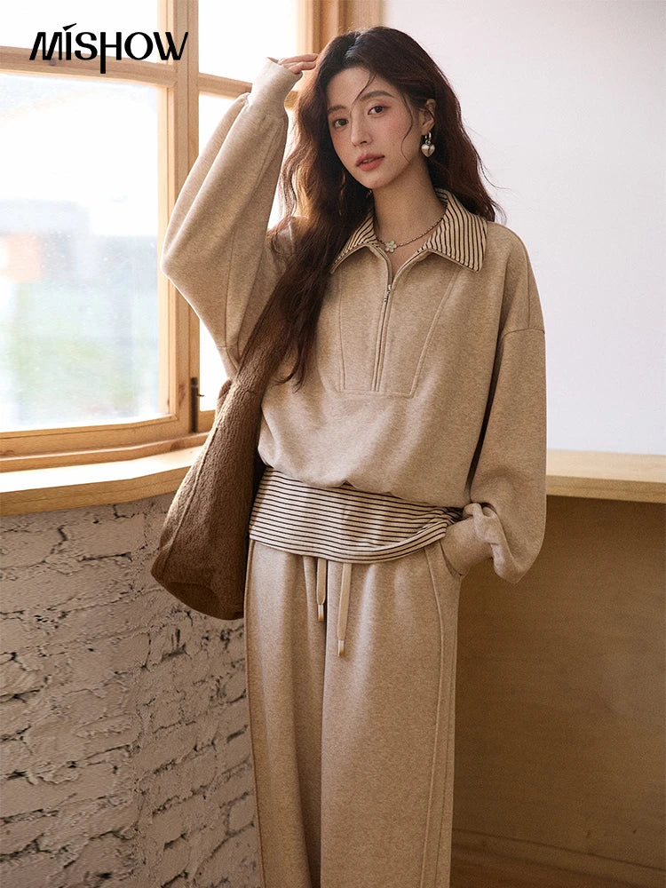 Mishow Retro Striped Lapel Half-Zip Sweatshirt & Wide Leg Pants Set MXE87T1425