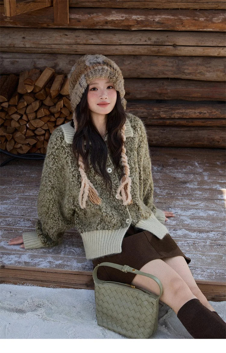 Mishow Green Retro Mottled Stand Collar Cardigan MXE90Z2787