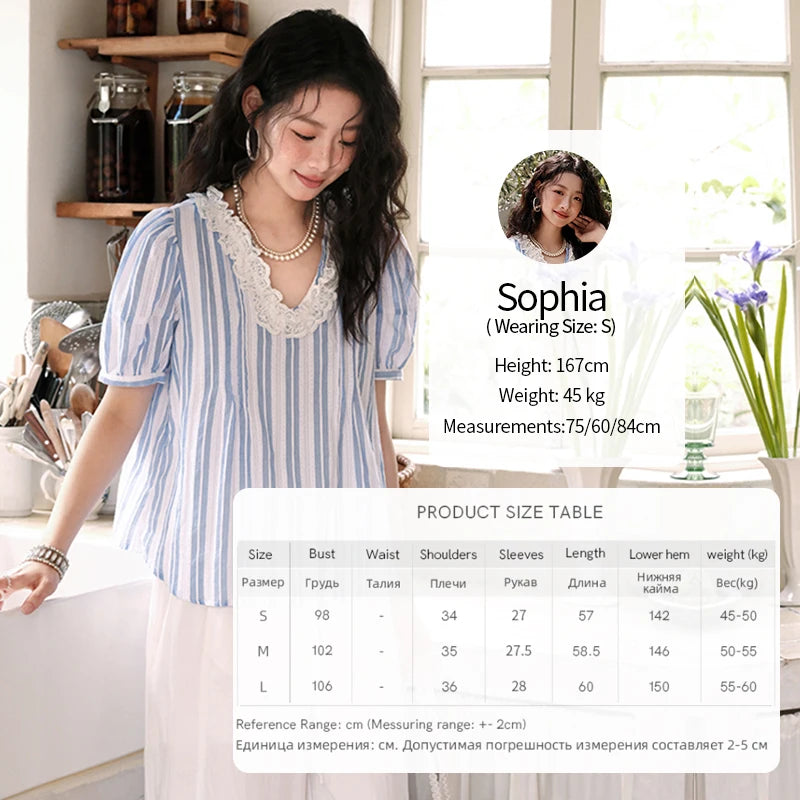 MISHOW Cotton Striped Blouse Lantern Sleeve Lace V-Neck MXE36X1845