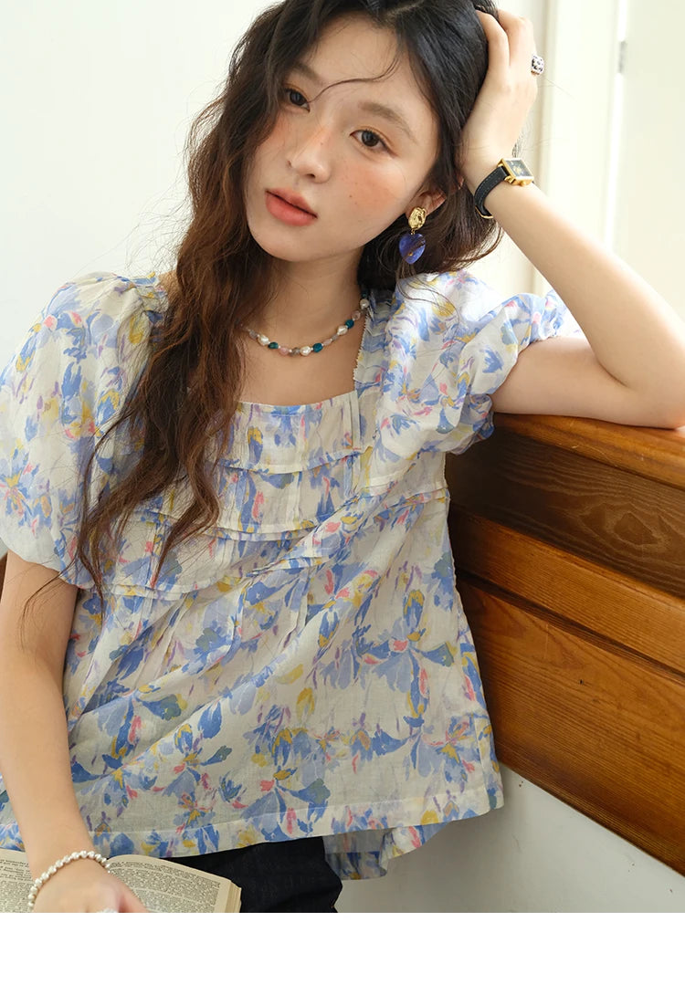 MISHOW Square Neck Puff Sleeve Blouse Print Top MXE39X1937