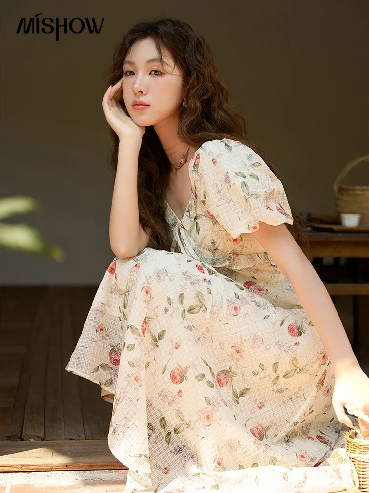 Mishow French A-Line Ruffled V-Neck Puff Sleeve Dress MXC33L1465