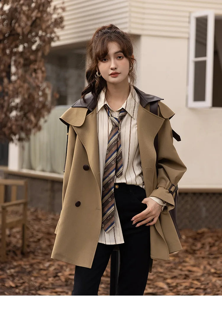 Mishow Polo Collar Patchwork Long Trench Coat MXB33W0399