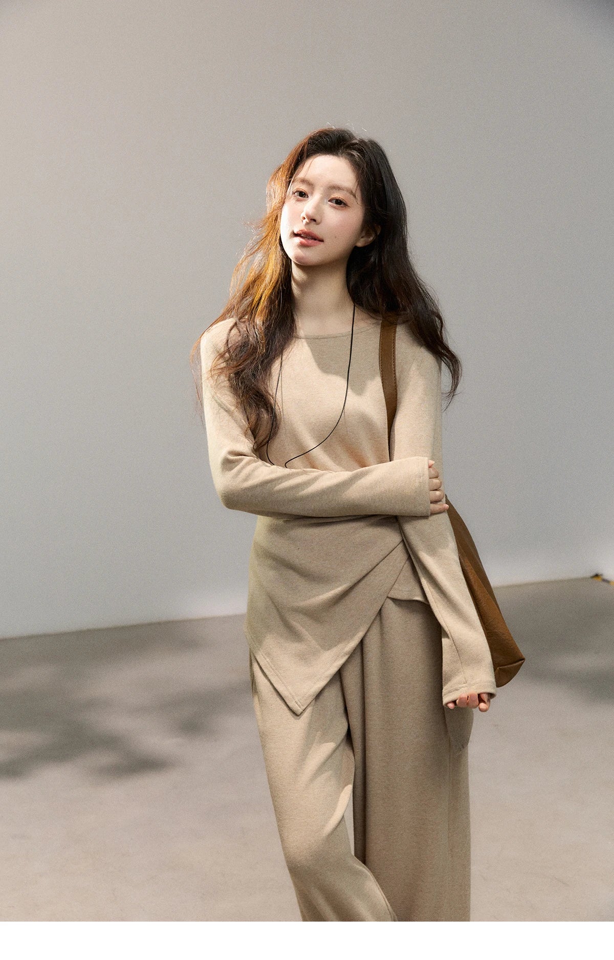 Mishow Khaki Asymmetrical Hem Top & Wide Leg Pants Set MXF11T1465