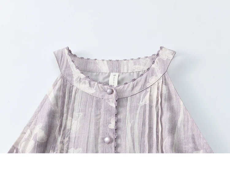 Mishow Purple Print Chiffon Stand Collar Dress MXE32L2163