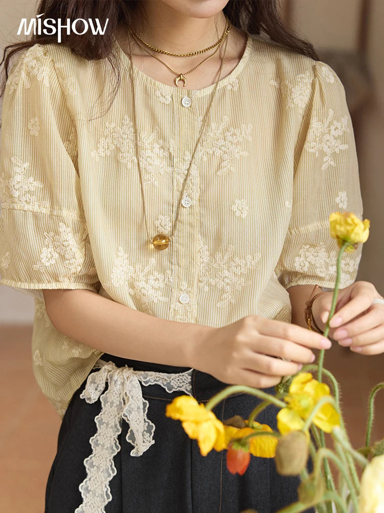 MISHOW French Retro Embroidered Floral Blouse Round Neck Puff Sleeve MXE36X1874