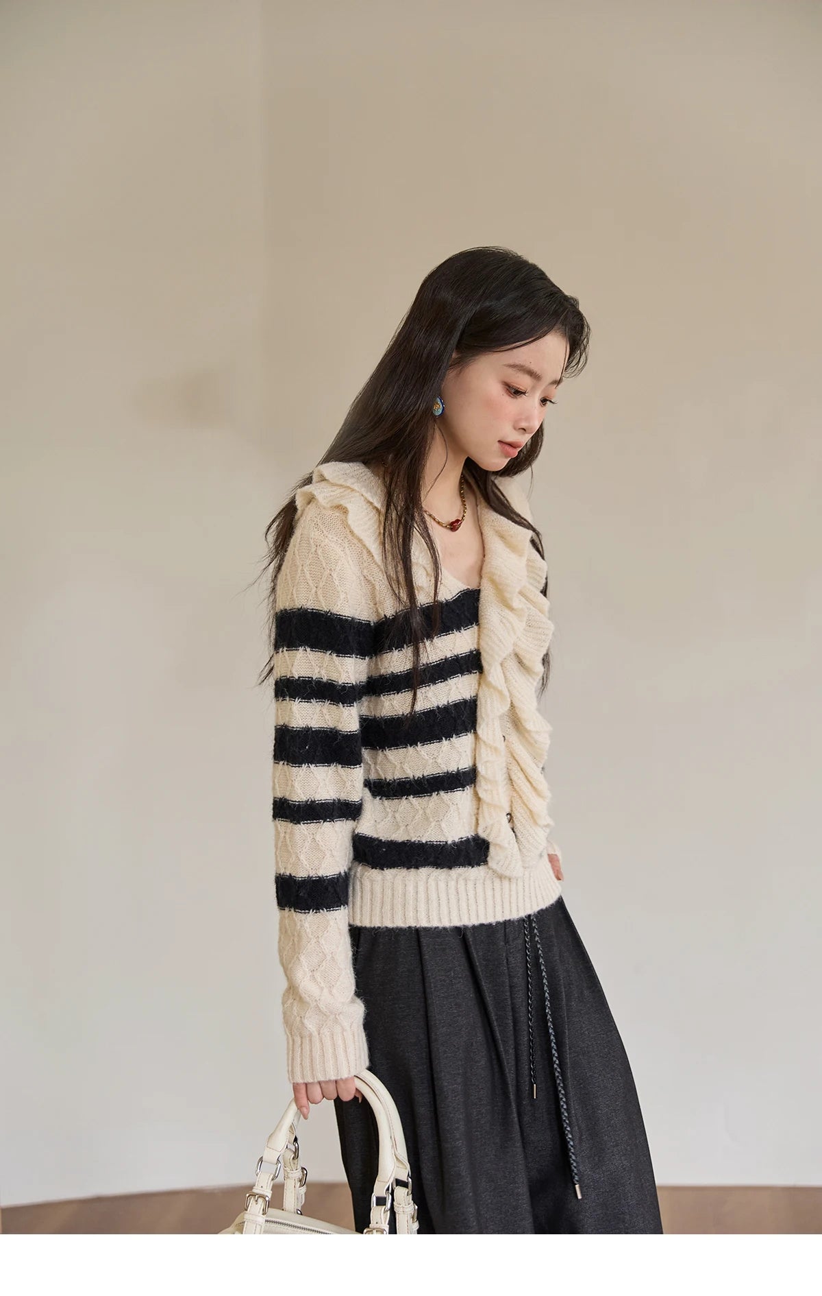 Mishow Striped Asymmetrical Ruffled Cardigan MXE51Z2633