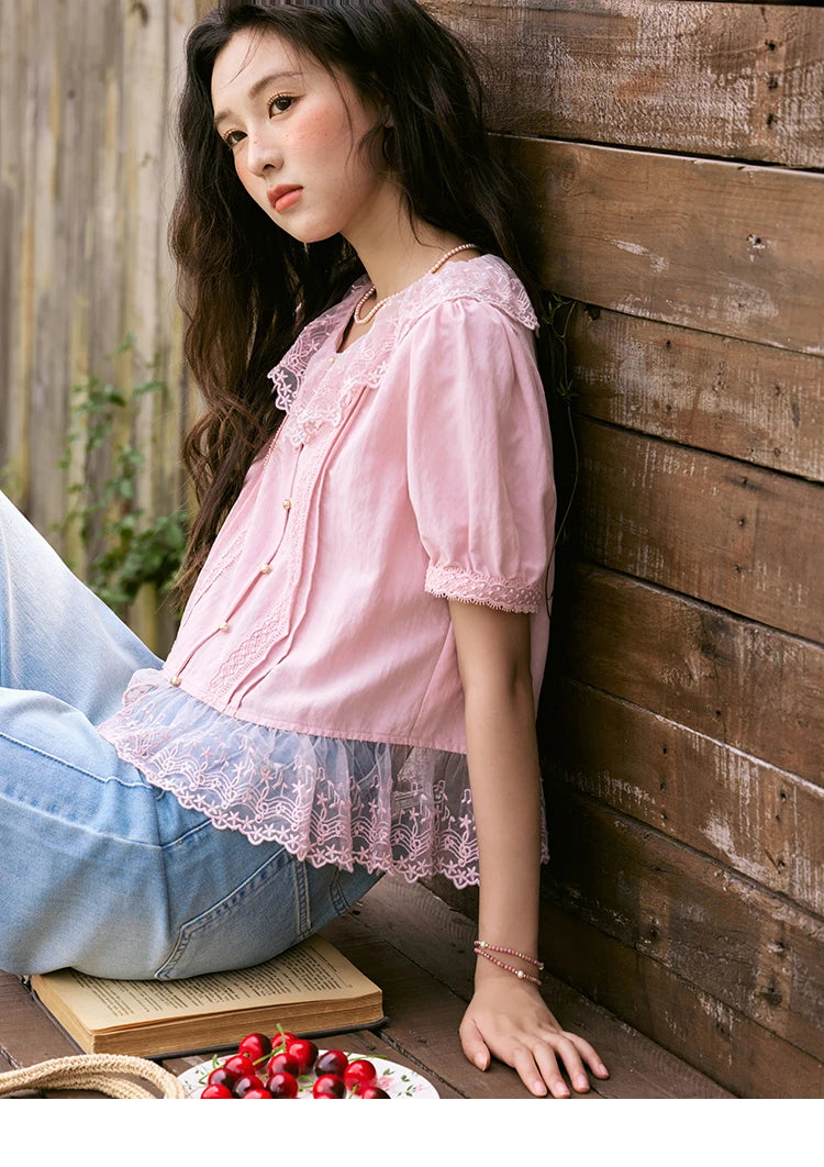 MISHOW Pink Spliced Lace Round Neck Blouse Metal Buttons MXE32X1768