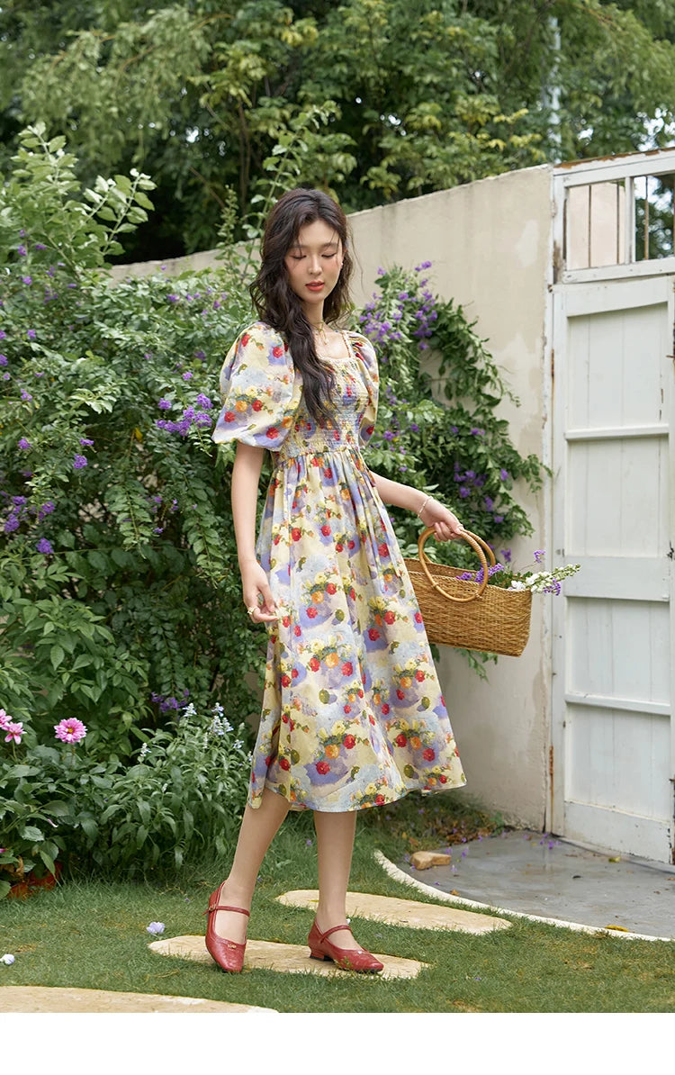 Mishow Floral Smocked Puff Sleeve Beach Dress MXD24L1905