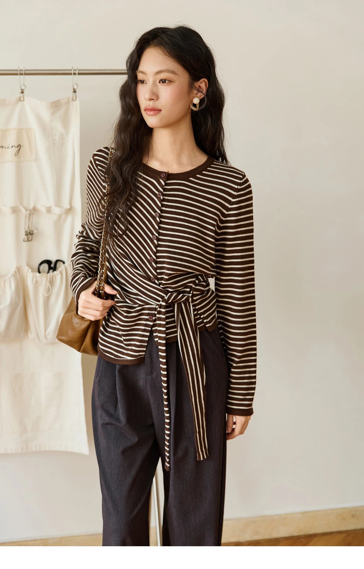 Mishow Coffee Striped Knitted Cardigan Sweater MXE46Z2537