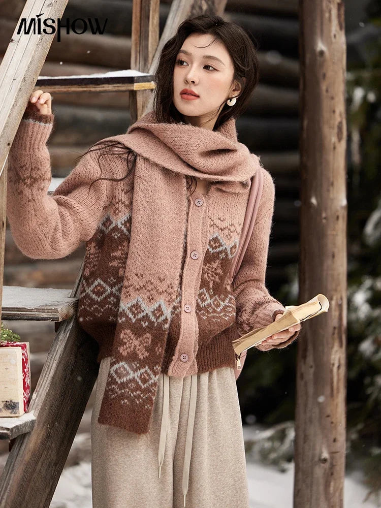 Mishow Fair Isle Christmas Turn-Down Collar Cardigan MXD58Z1036