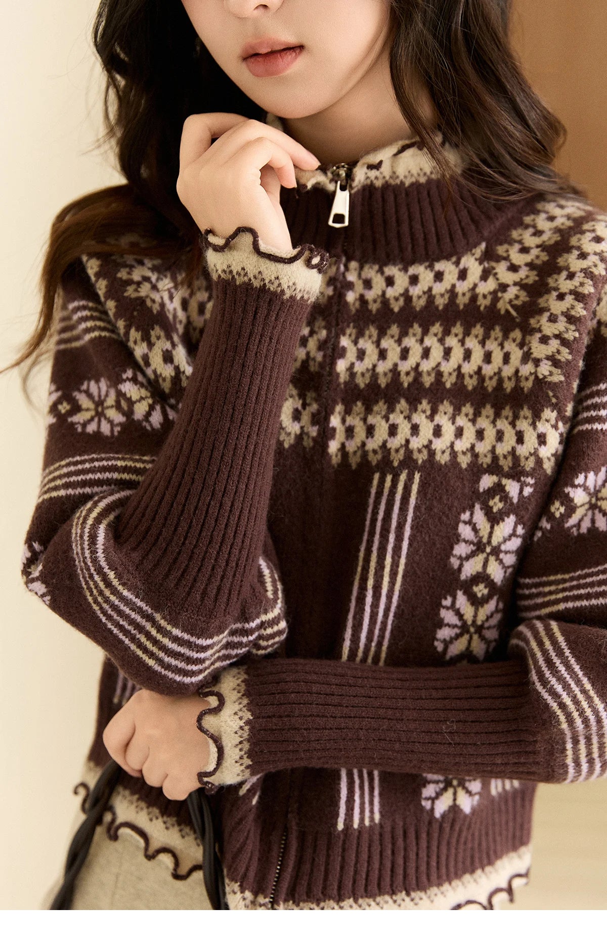 Mishow Brown Fair Isle Lantern Sleeve Zipper Top MXE91Z2868