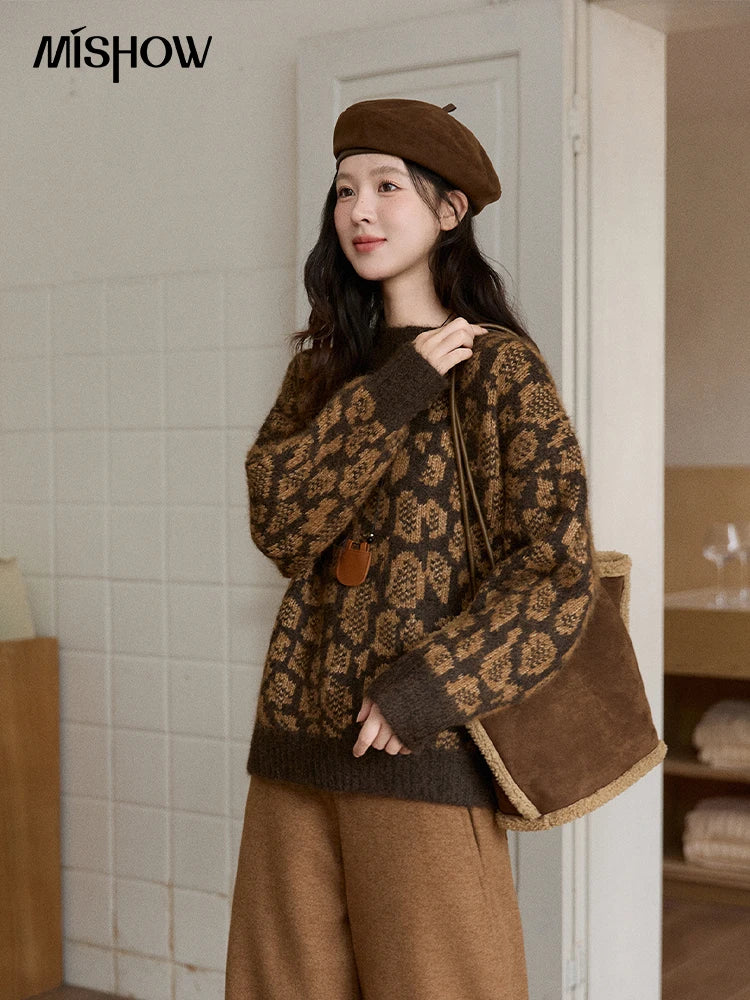 Mishow Color Block Leopard Jacquard Half Turtleneck Sweater MXE91Z2839
