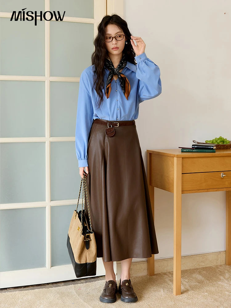MISHOW PU Leather A-Line Skirt High Waist Retro Coffee MXE45B2412