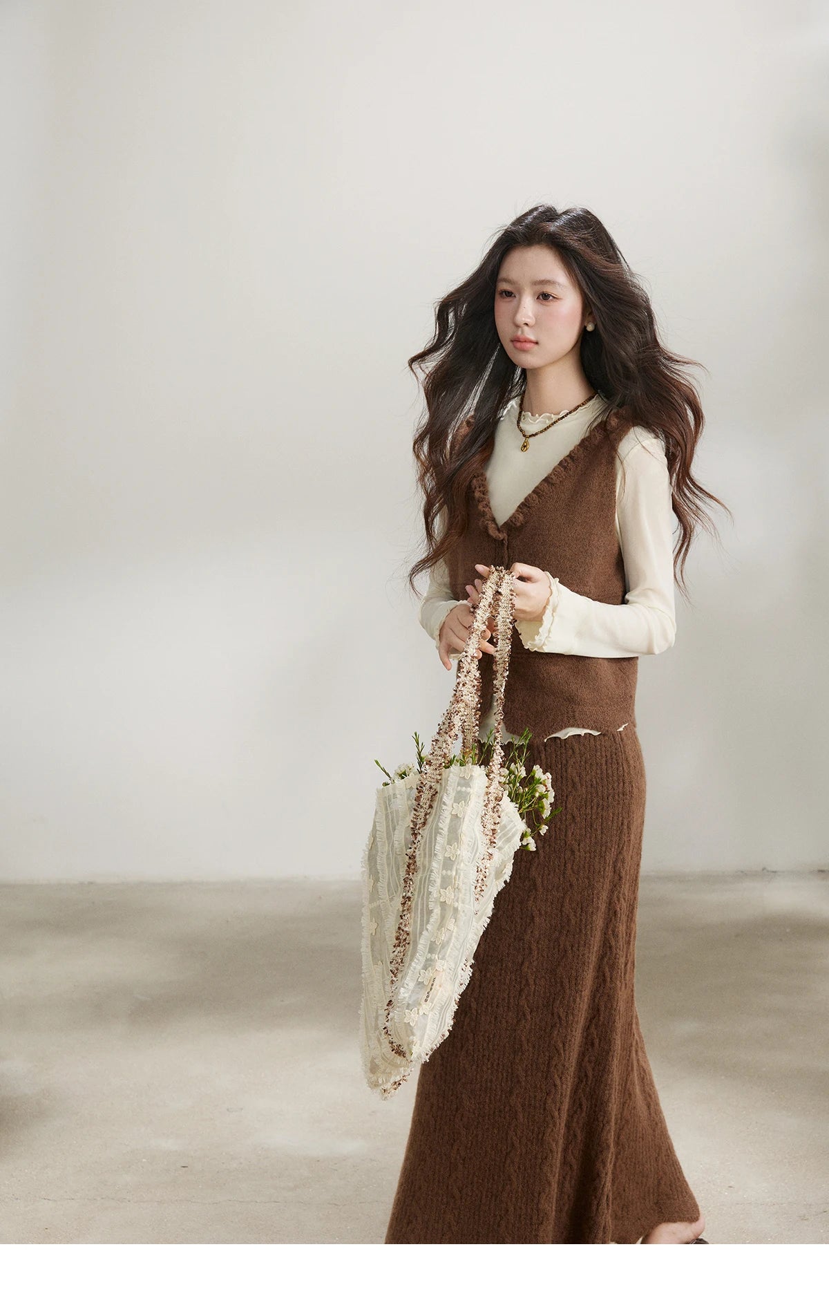 Mishow Brown Knitted Vest & Cable Knit Maxi Skirt Set MXF11T1460
