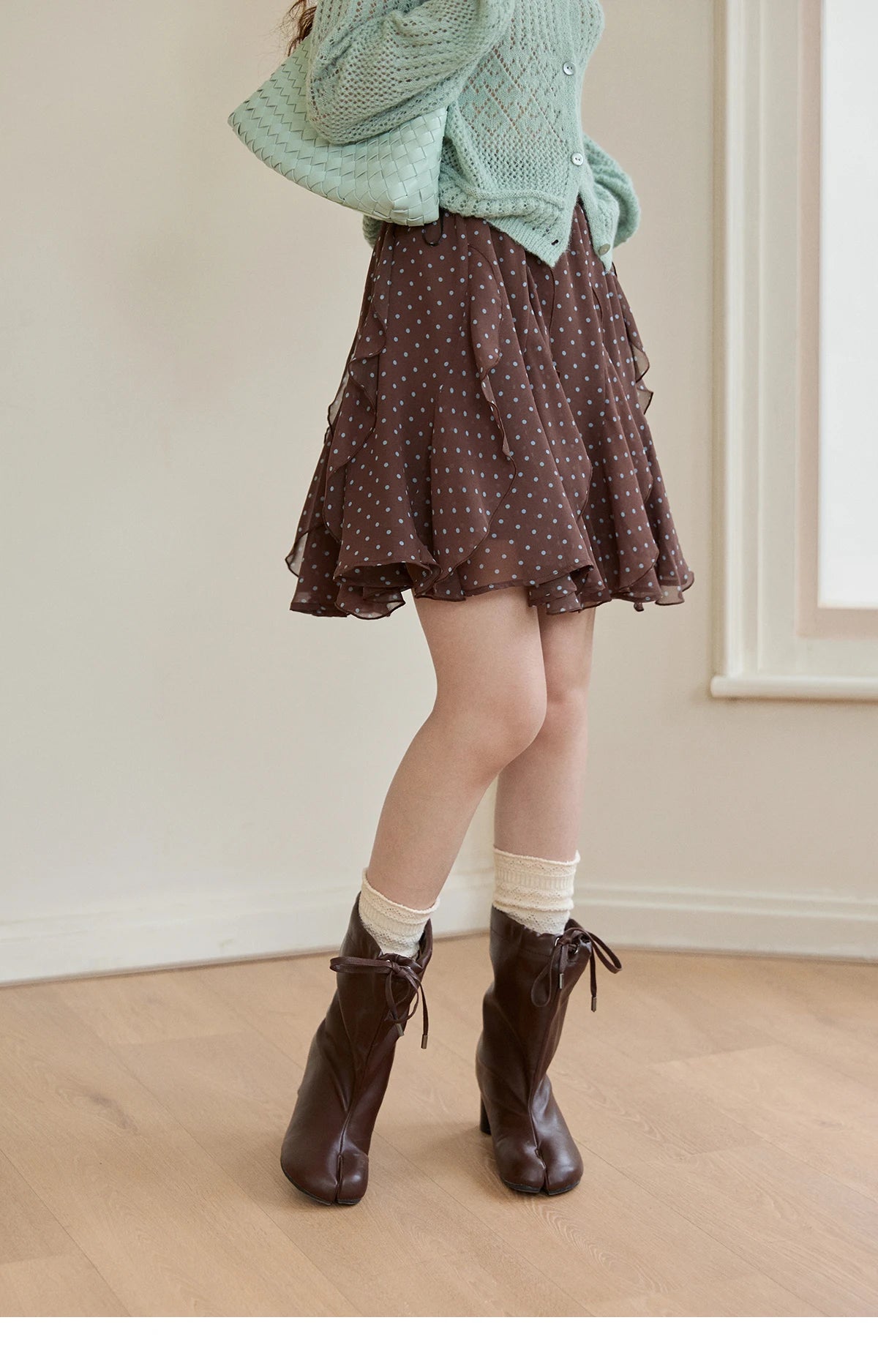 Mishow Brown Polka Dot Ruffled Chiffon Mini Skirt MXF13B2476