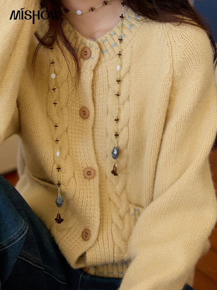 Mishow Yellow Cable Knit Hand-Drawstring Cardigan MXE47Z2566