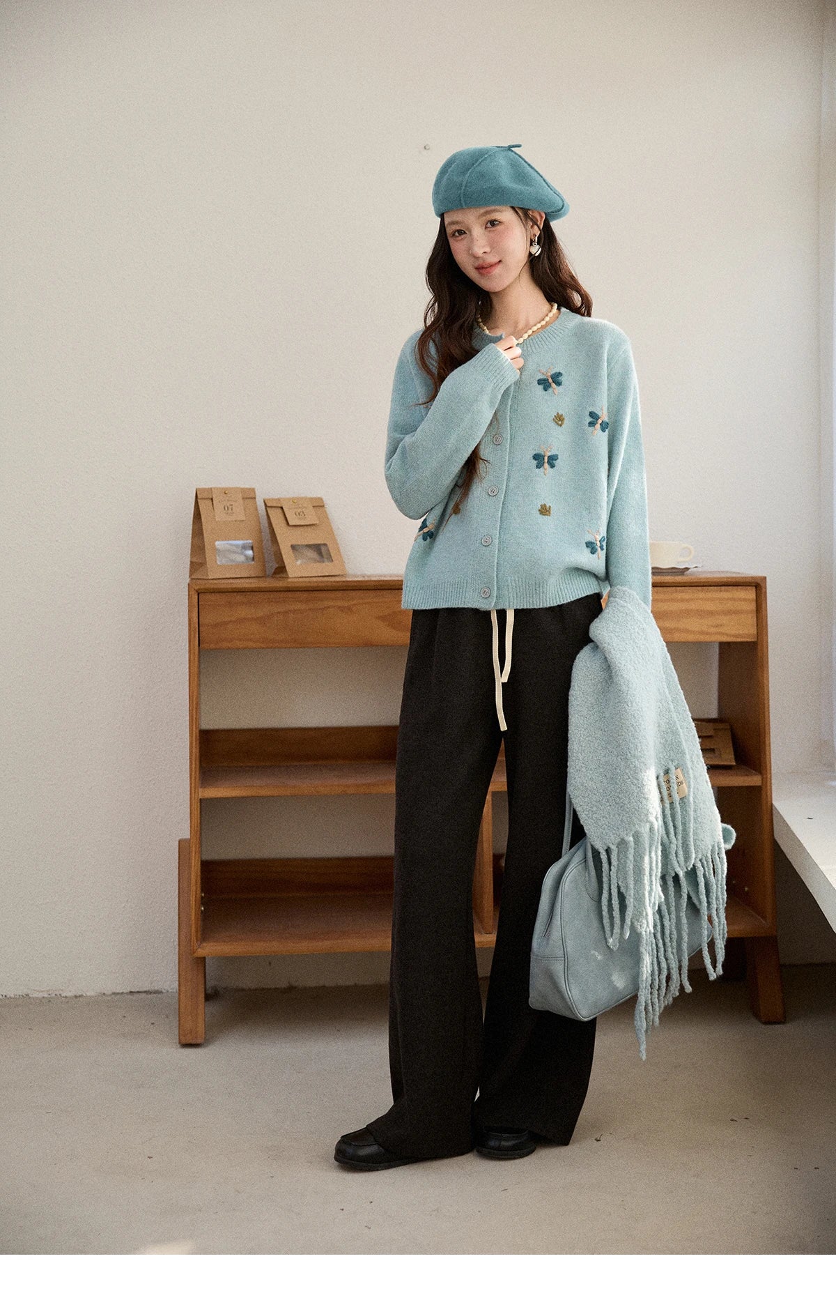 Mishow Blue Butterfly Embroidered O-Neck Cardigan MXE90Z2818