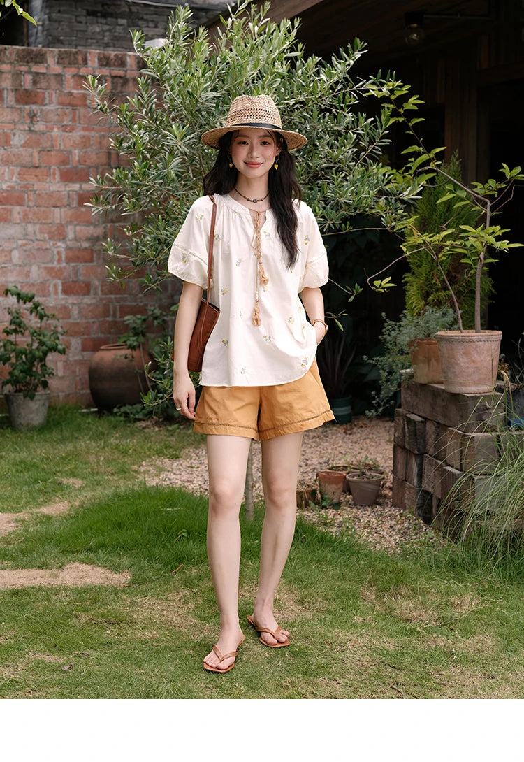 Mishow Puff Sleeve Lace-Up Top & Elastic Waist Shorts Set MXE38T0684