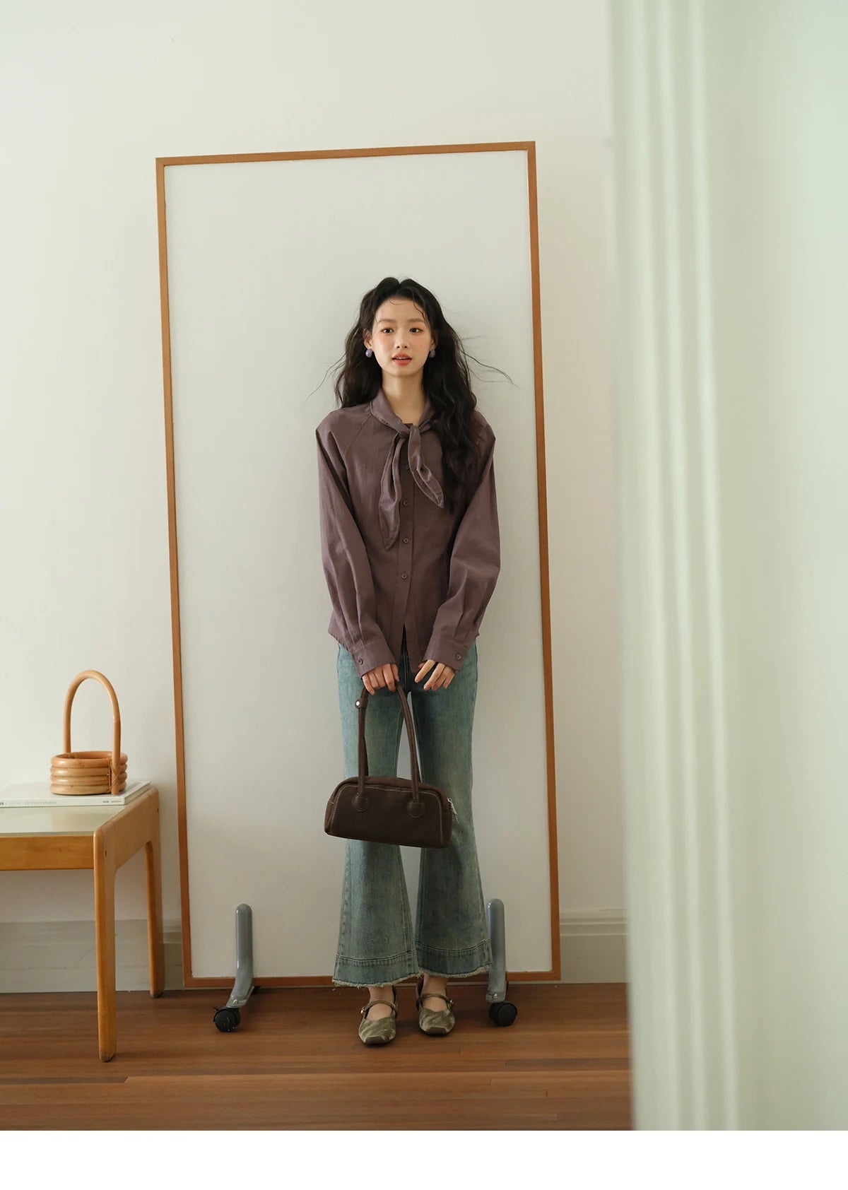 MISHOW Ash Purple Shirt Curved Hem Ribbon Neck Slim MXE42C2383