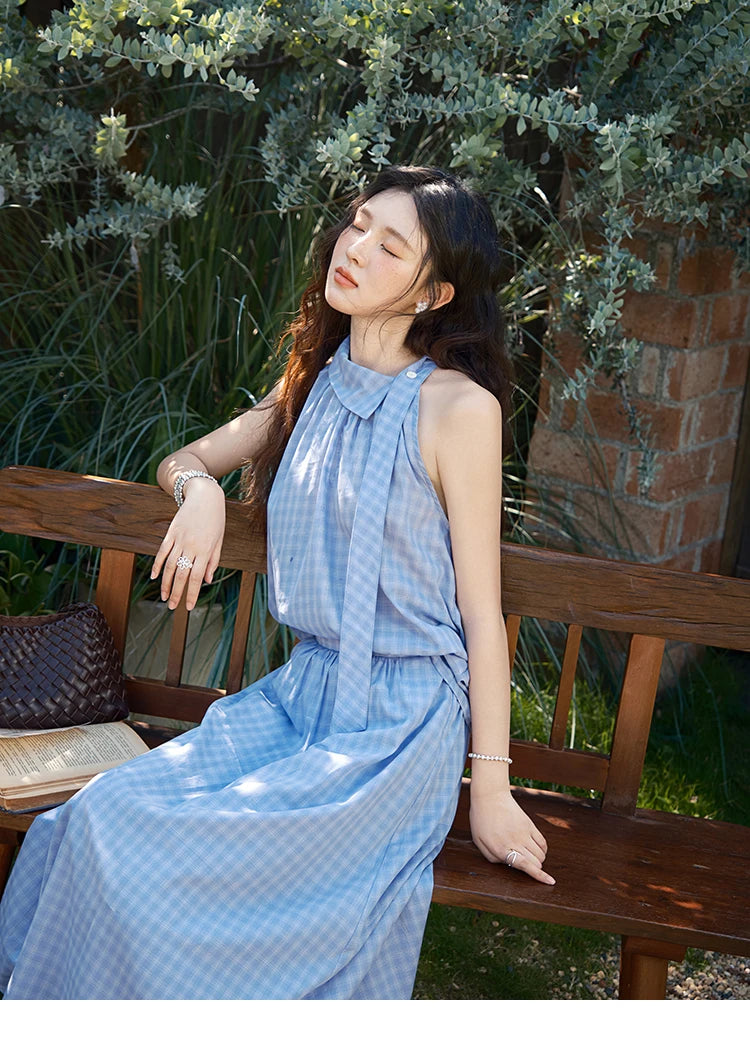 Mishow Plaid Hanging Neck Button Top & A-Line Skirt Set MXE39T0711