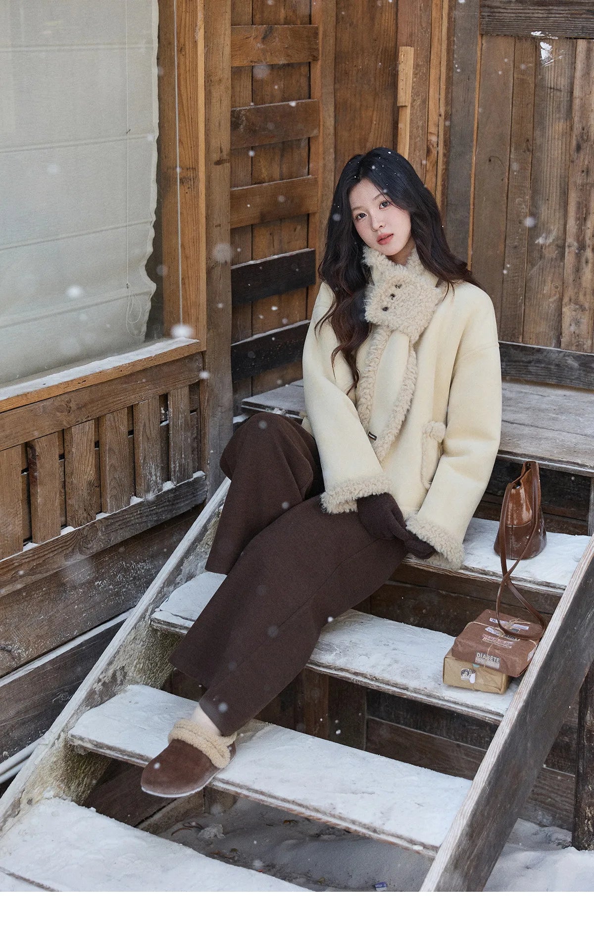 Mishow Cream Yellow Faux Suede Coat with Matching Scarf MXE91W1019