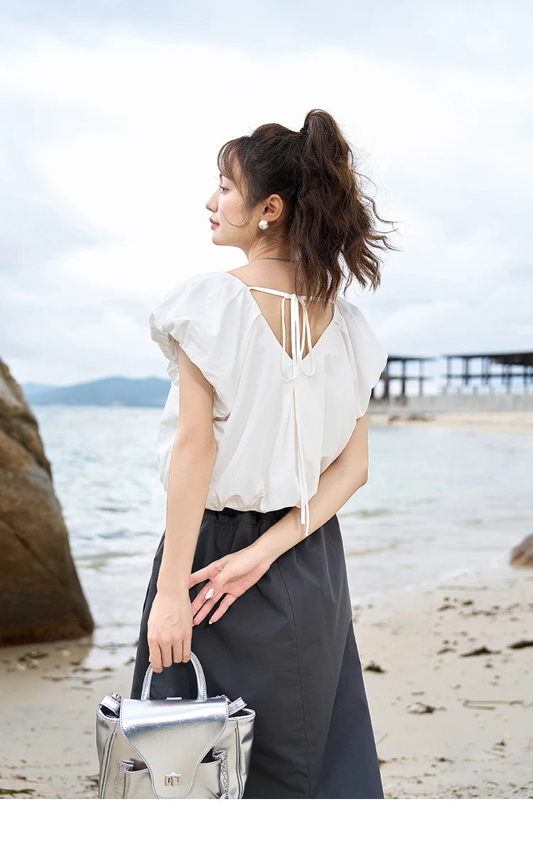 MISHOW French Rear Collar Tie Blouse V-Neck Puff Sleeve MXC38X1275