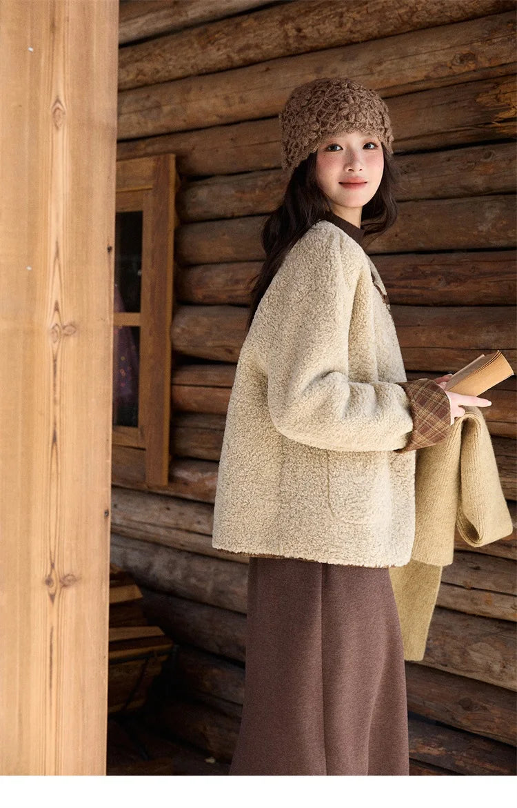 Mishow Plaid Patchwork Lamb Wool Round Neck Coat MXE90W0923