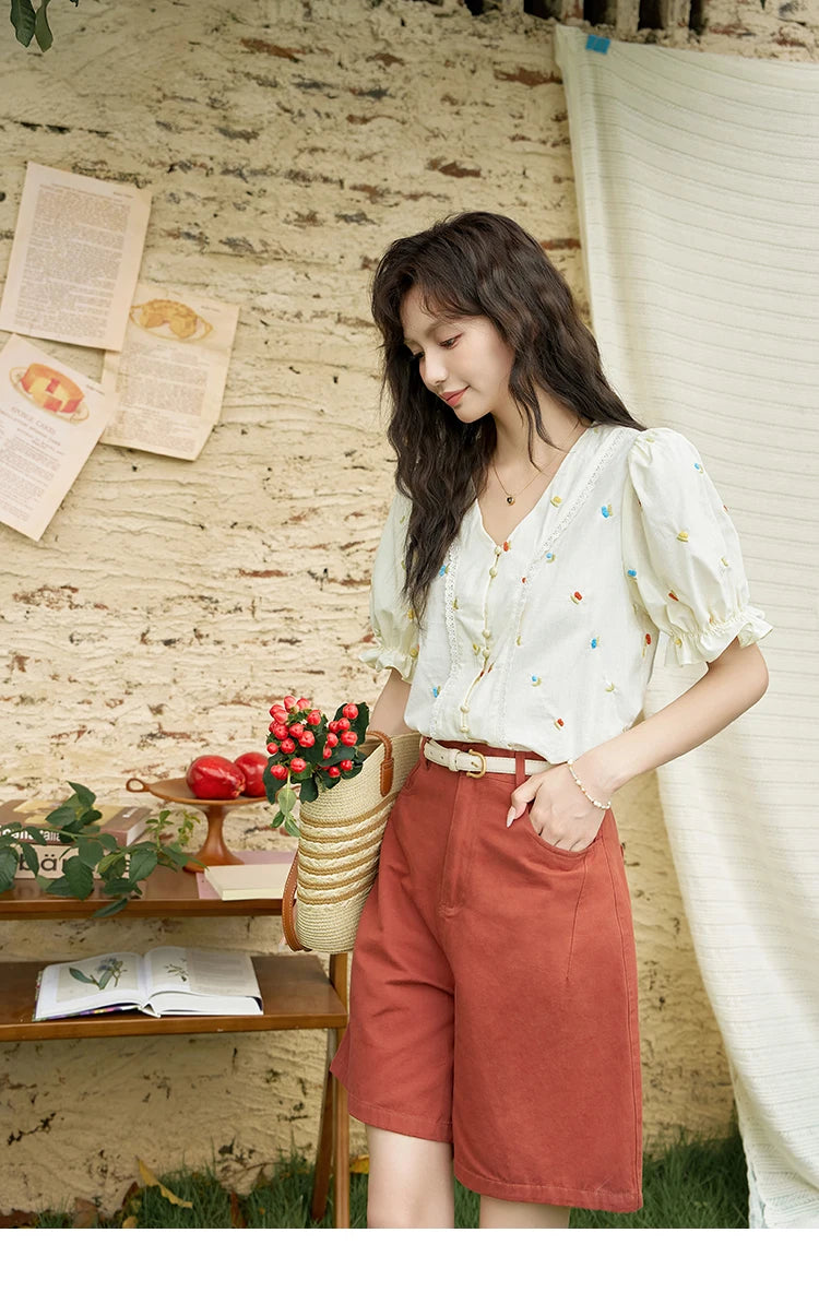 MISHOW 100% Cotton Square Neck Blouse Embroidered Lace Patchwork Puff Sleeve MXD22X1420