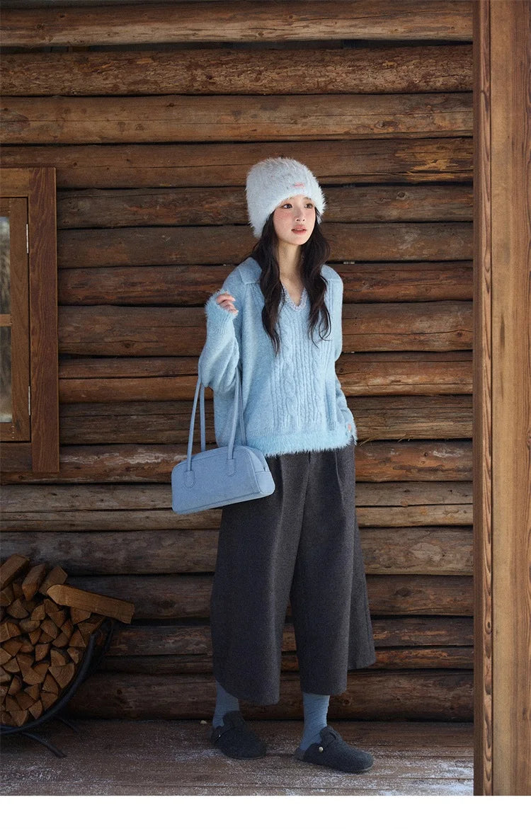 MISHOW Gray Wool Wide-Leg Pants High-Waisted Cropped MXE90K1128