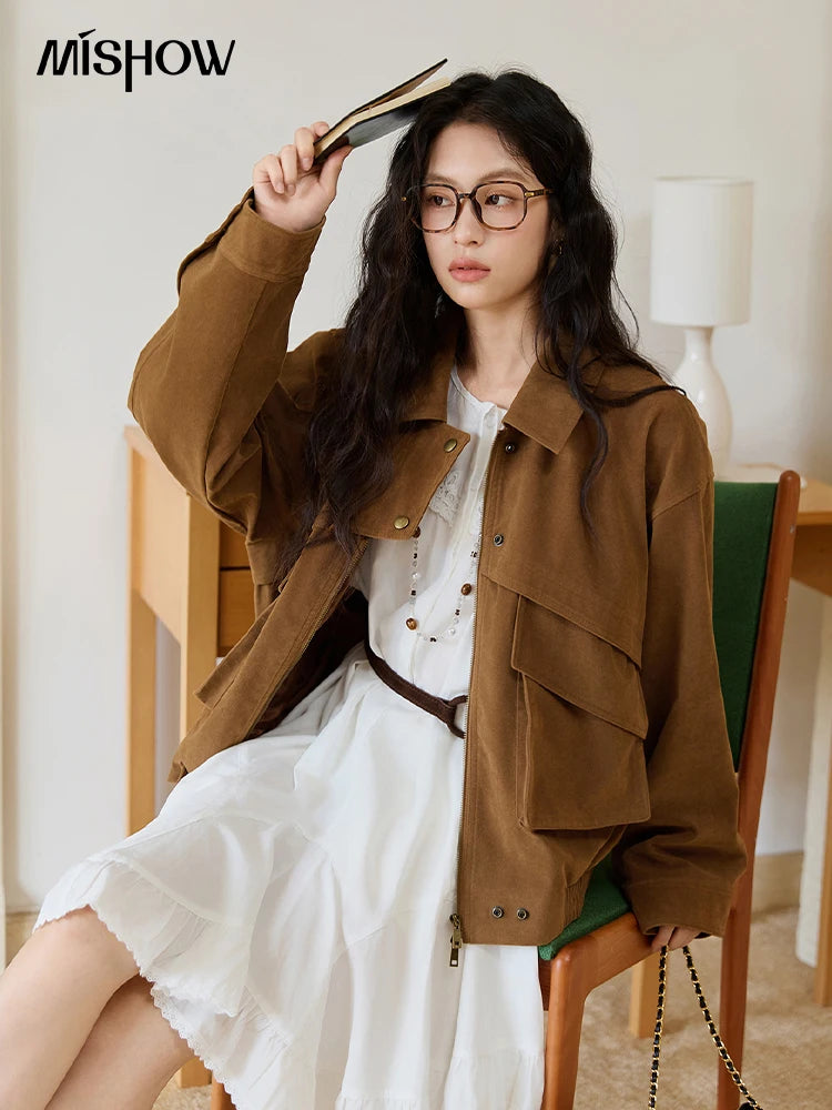MISHOW Suede Retro Brown Jacket Pocket Zipper Loose Lapel MXE46W0866