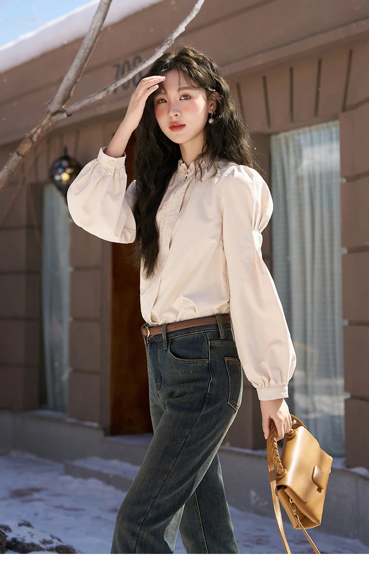 MISHOW Button Up Lantern Sleeve Shirt Ruffle Neck MXC56X1320