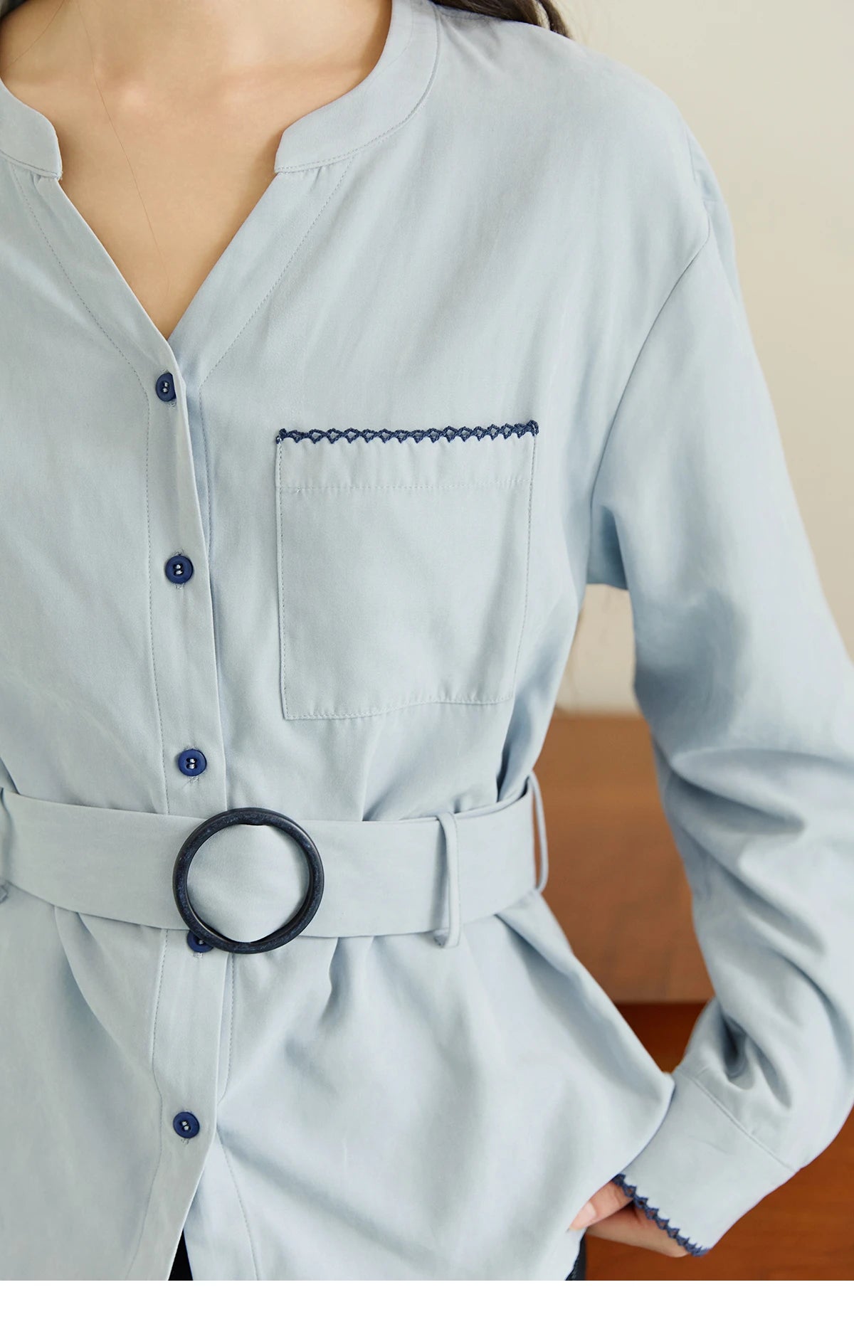 MISHOW Haze Blue Velvet Shirt Contrast Color Waist Sash MXE47X2497