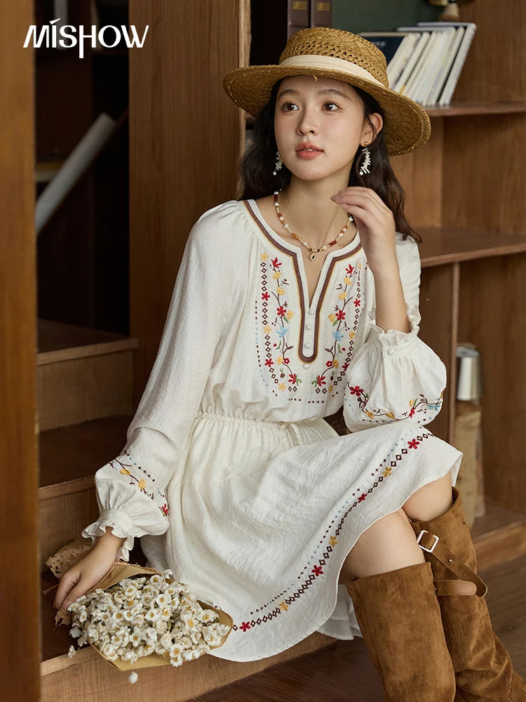 Mishow V-Neck Embroidered Drawstring Bohemian Dress MXE44L2489