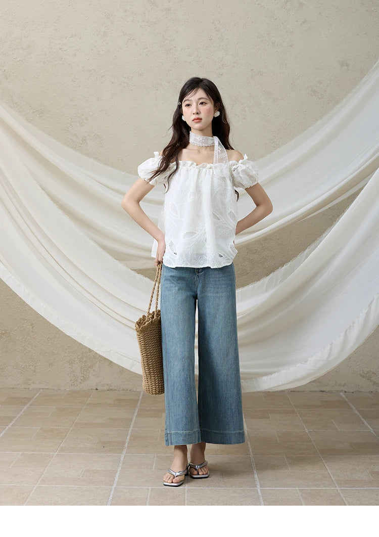 MISHOW Slash Neck Lace Blouse Short Sleeve Solid MXE35X1775