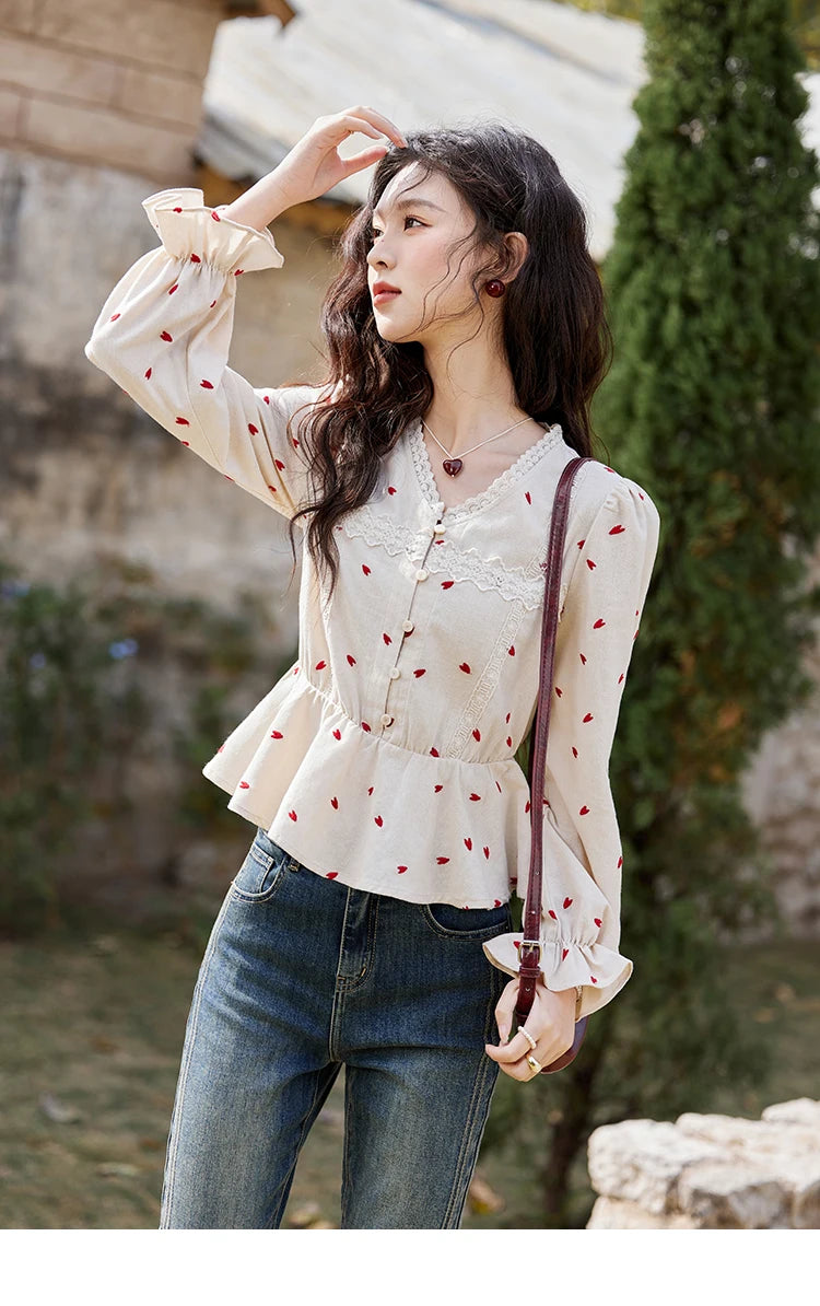 MISHOW Love Embroidered V-Neck Blouse Waist Ruffle MXE13X1700