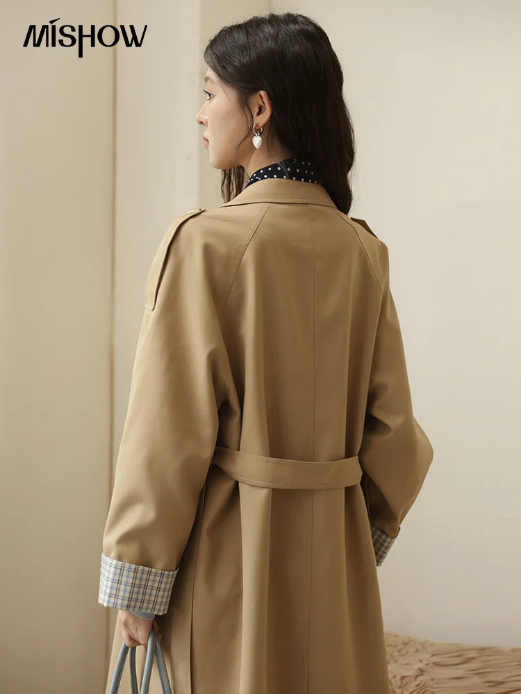 Mishow Khaki Retro Plaid Flip Sleeve Trench Coat MXE44W0814