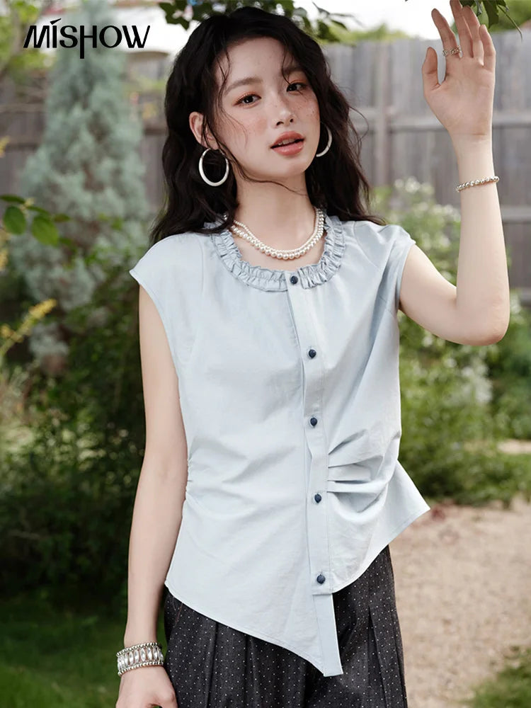 MISHOW Round Neck Sleeveless Shirt Button Front MXE38X1864