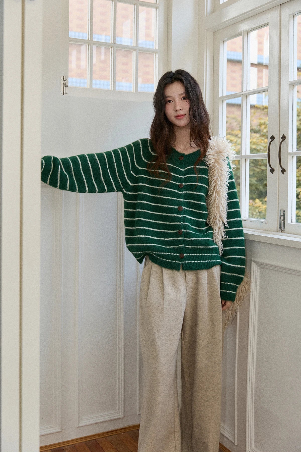 Mishow Green Striped Wool Blend Retro Cardigan MXE86Z2735
