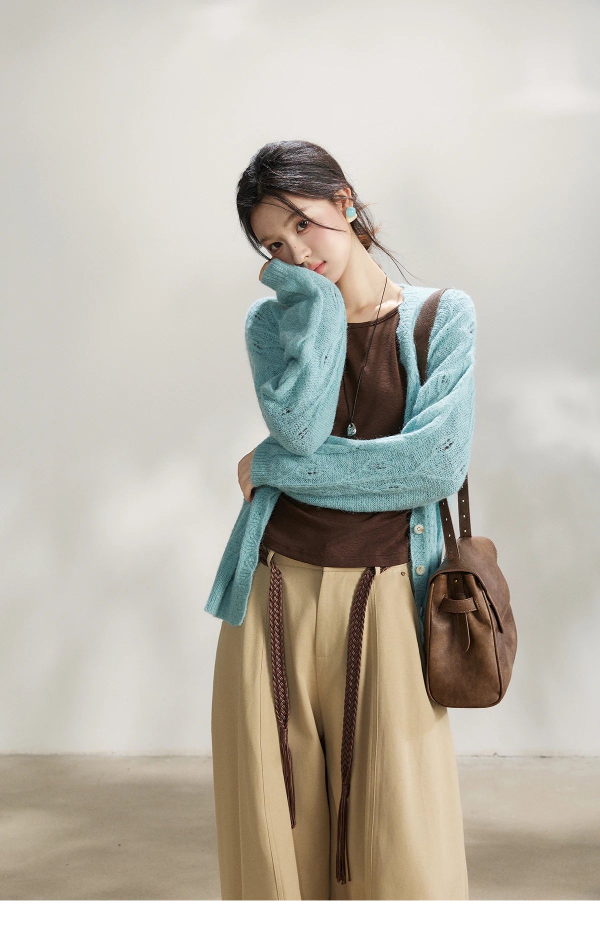 Mishow Blue Hollow Out V-Neck Wool Cardigan MXF13Z2975