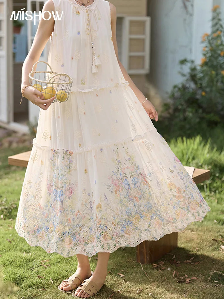 Mishow Mushroom Edge O-Neck Lace Up Tassel Dress MXE36L2253