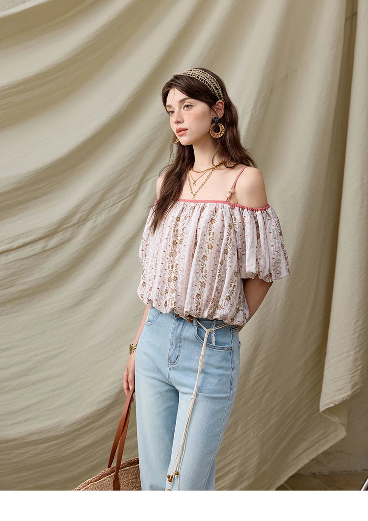 MISHOW One-Shoulder Floral Blouse Short Sleeve Contrast MXE31X1767