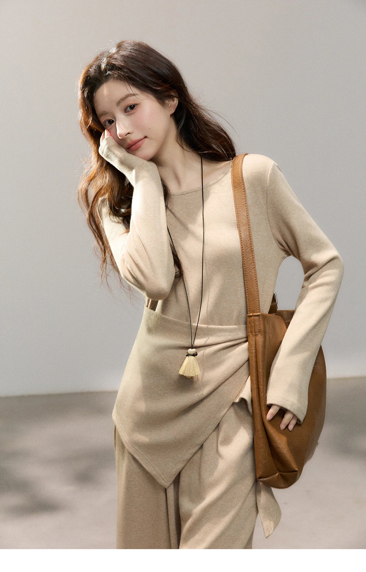 Mishow Khaki Asymmetrical Hem Top & Wide Leg Pants Set MXF11T1465