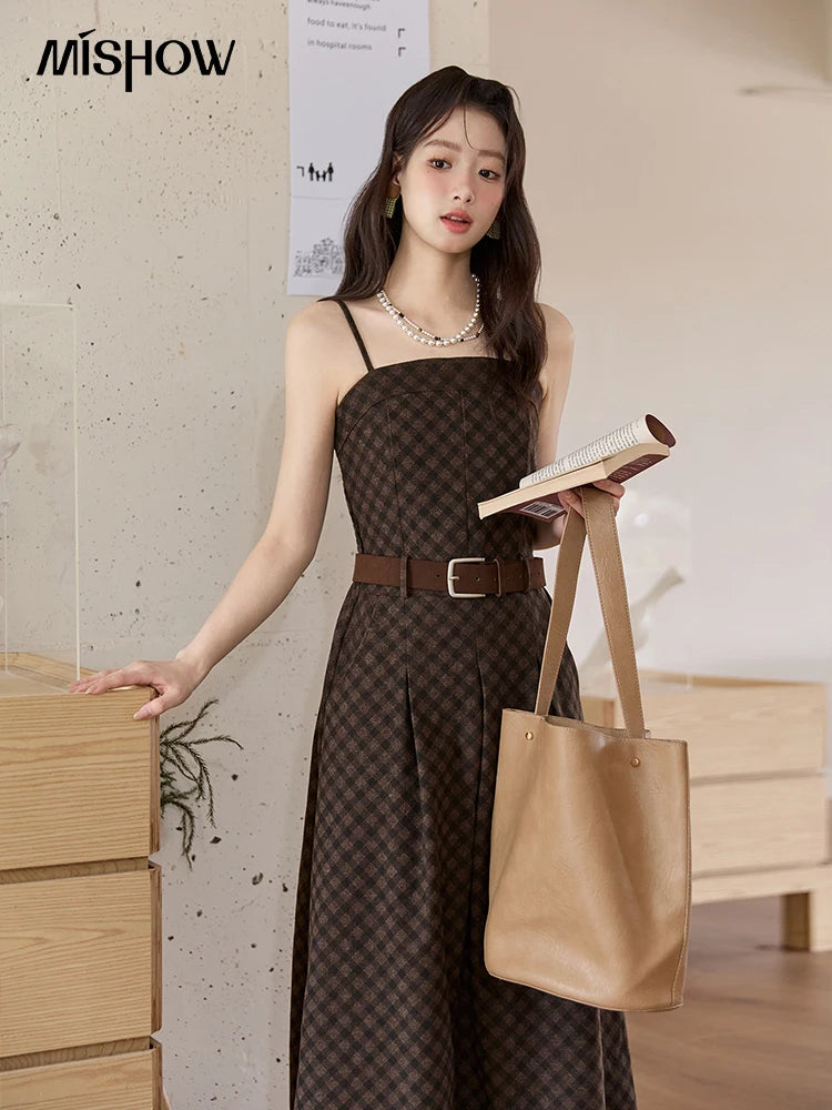 Mishow Plaid Sleeveless Square Collar Slip Dress MXE51L2538
