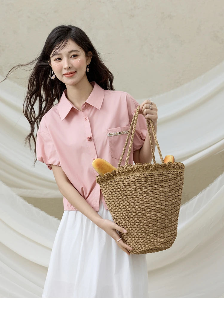 MISHOW Short Puff Sleeve Blouse Turn Down Collar Shell Ribbon MXE33C0773