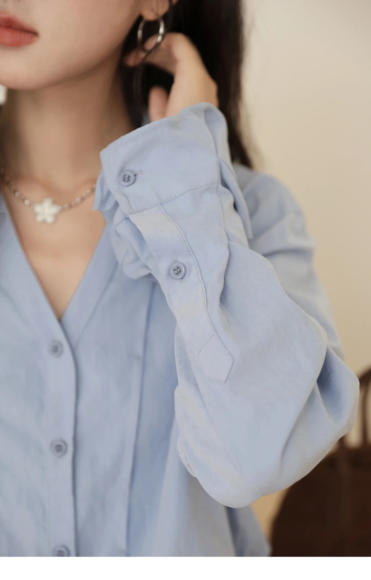 MISHOW Blue Peach Skin Velvet Shirt Lapel V-Neck Pleated Cuffs MXE44C2392