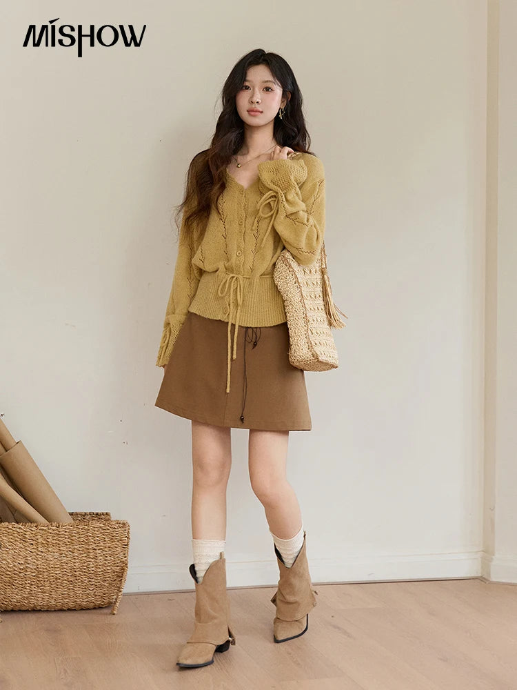 Mishow Yellow Hollow V-Neck Drawstring Cardigan MXF108Z1022