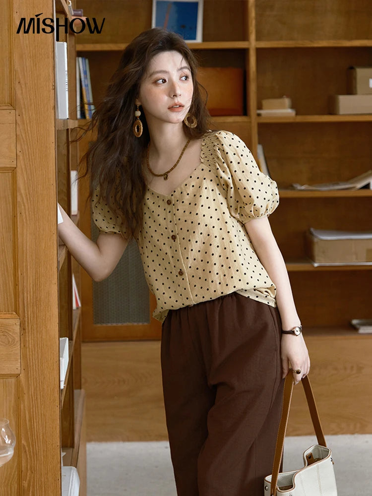 MISHOW Polka Dot Puff Sleeve Blouse V-Neck Button MXE37X1859